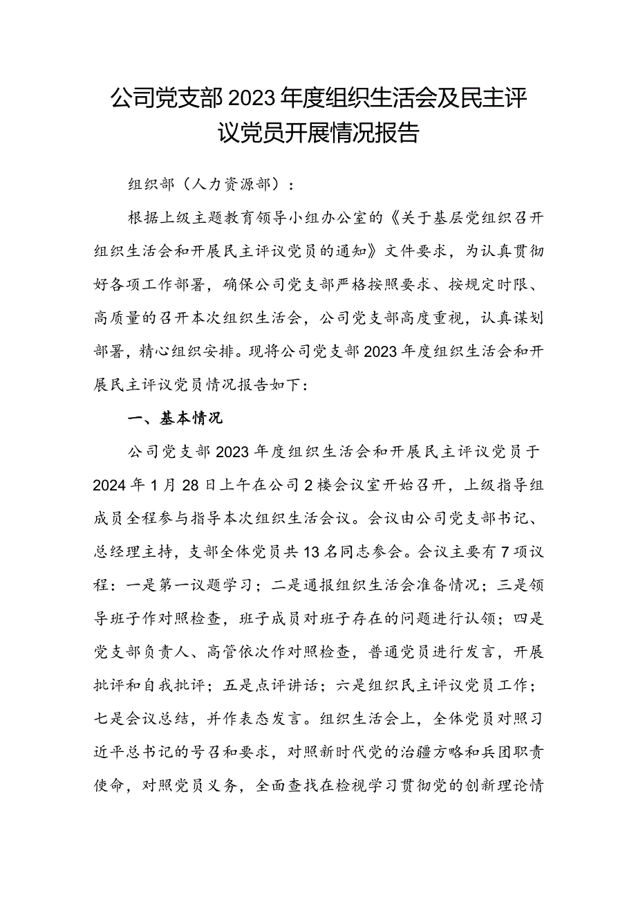 公司党支部2023组织生活会及民主评议党员开展情况报告.docx_第1页