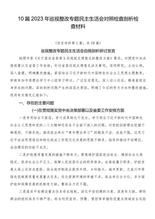 10篇2023年巡视整改专题民主生活会对照检查剖析检查材料.docx