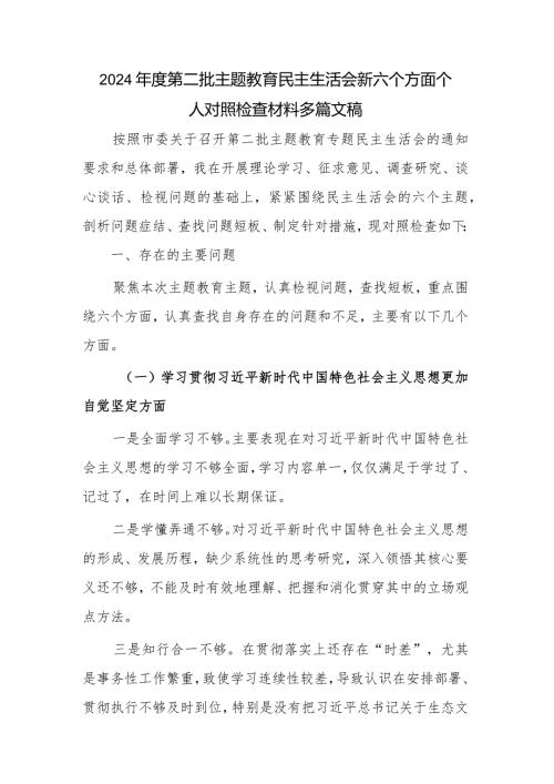 2024第二批主题教育民主生活会新六个方面个人对照检查材料多篇文稿.docx