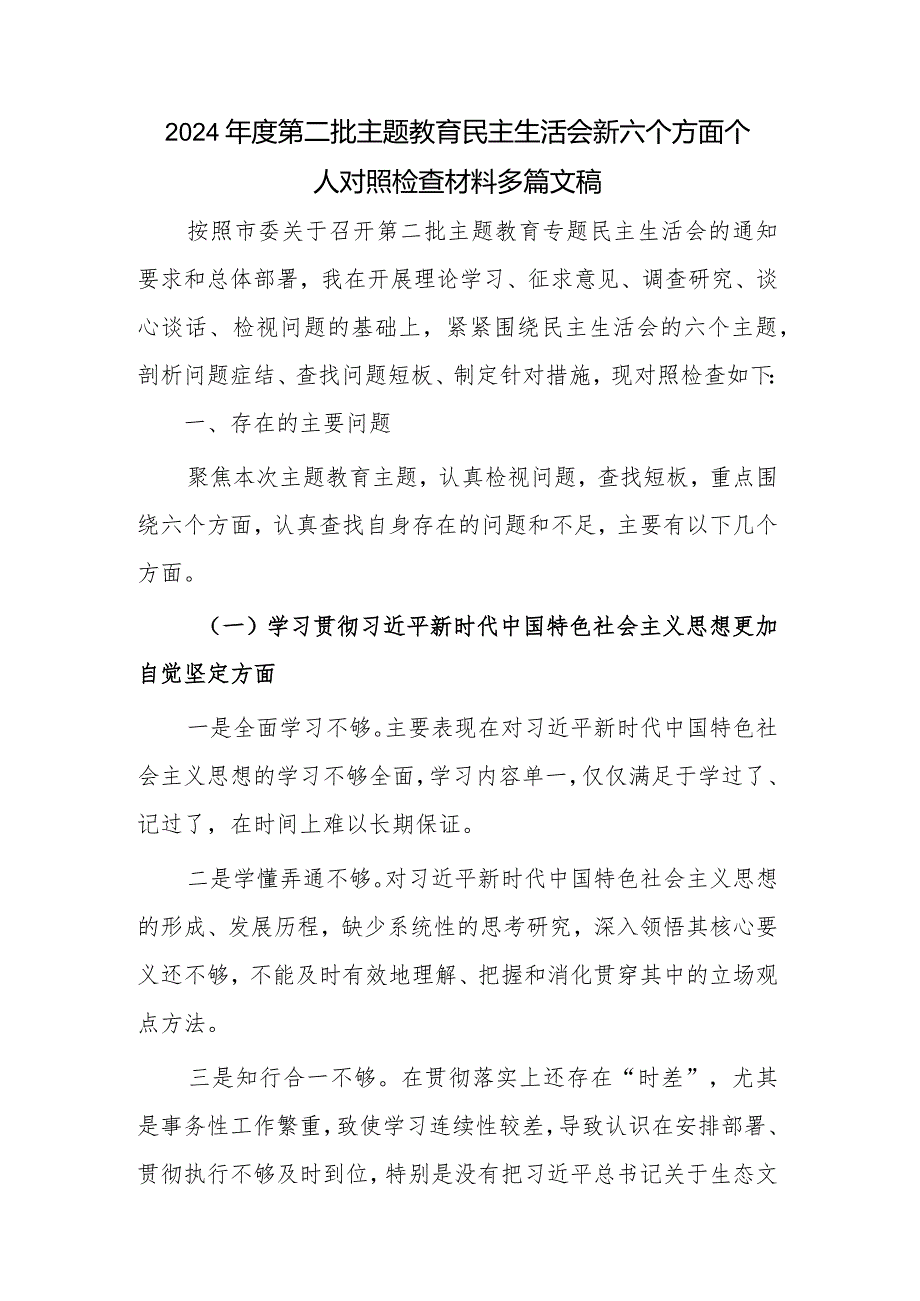 2024第二批主题教育民主生活会新六个方面个人对照检查材料多篇文稿.docx_第1页