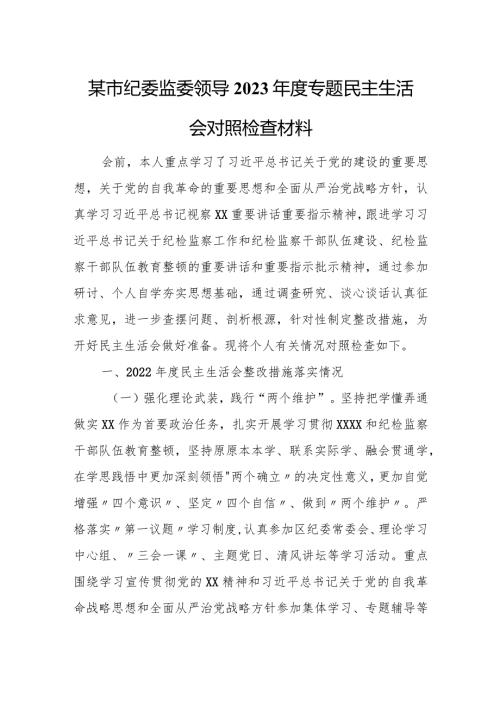 某市纪委监委领导2023专题民主生活会对照检查材料.docx
