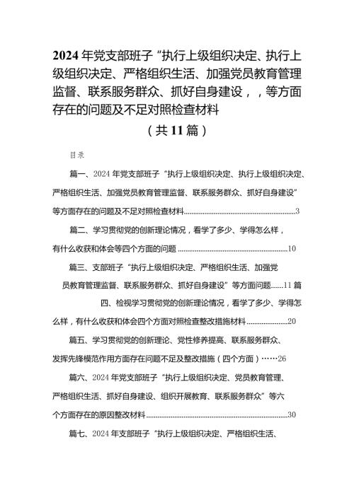 （11篇）2024年党支部班子“执行上级组织决定、执行上级组织决定、严格组织生活、加强党员教育管理监督、联系服务群众、抓好自身建设”等方面.docx