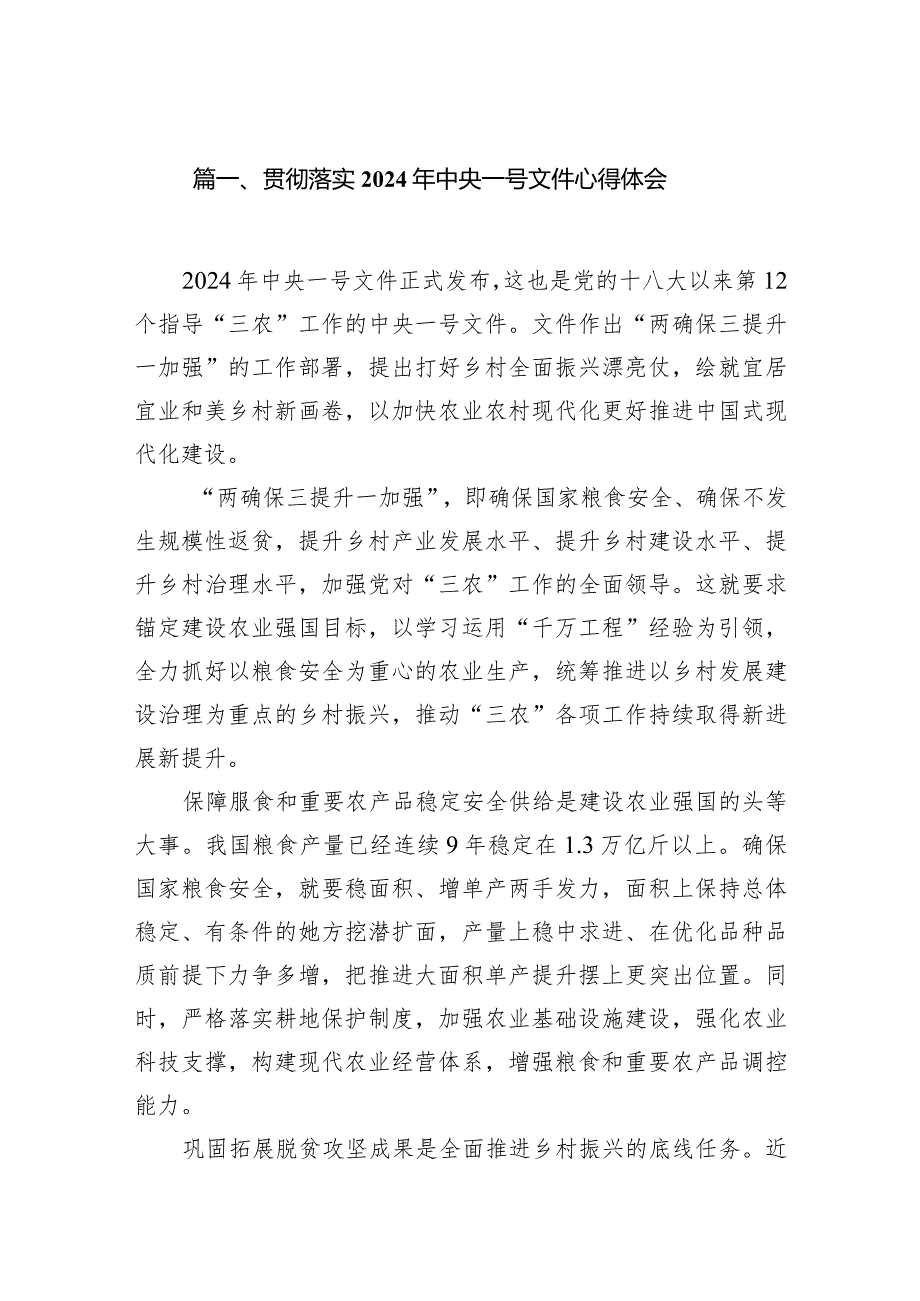 贯彻落实2024年中央一号文件心得体会12篇（详细版）.docx_第2页