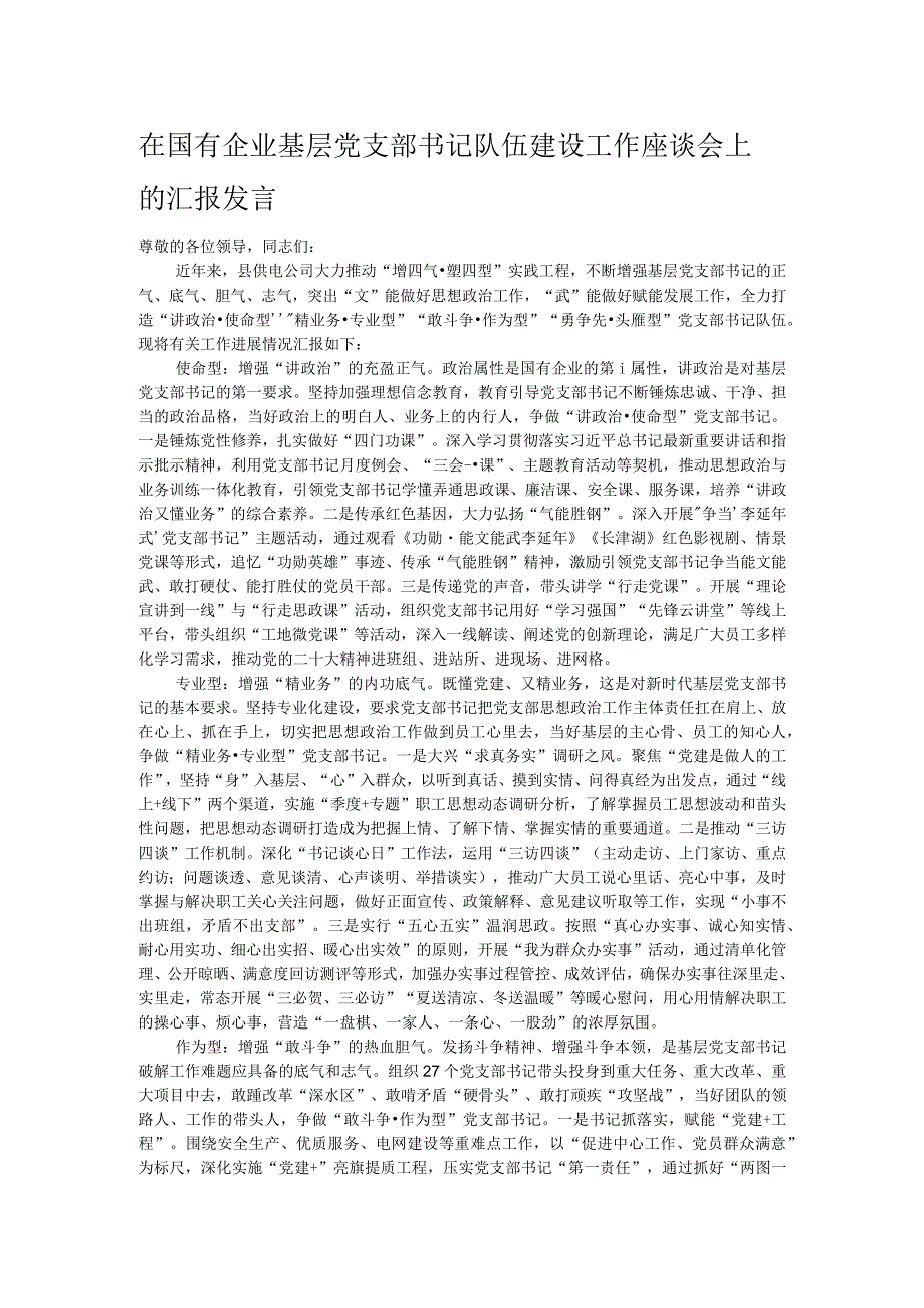 在国有企业基层党支部书记队伍建设工作座谈会上的汇报发言.docx_第1页