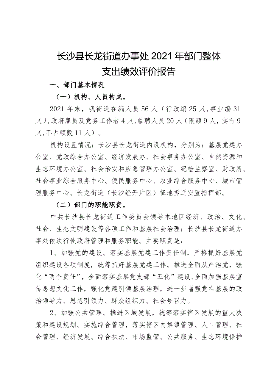 长沙县长龙街道办事处2021年部门整体支出绩效评价报告.docx_第1页