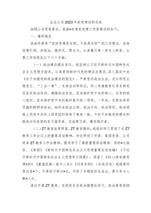 企业公司2023年抓党建述职总结.docx
