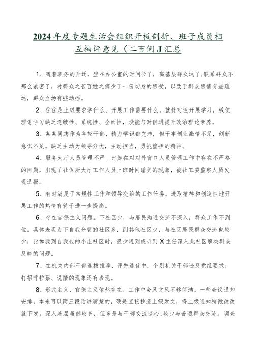2024专题生活会组织开展剖析、班子成员相互批评意见（二百例）汇总.docx