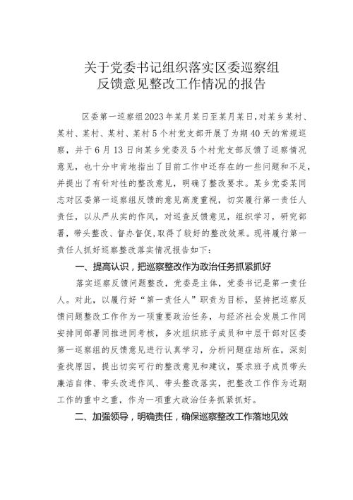 关于党委书记组织落实区委巡察组反馈意见整改工作情况的报告.docx