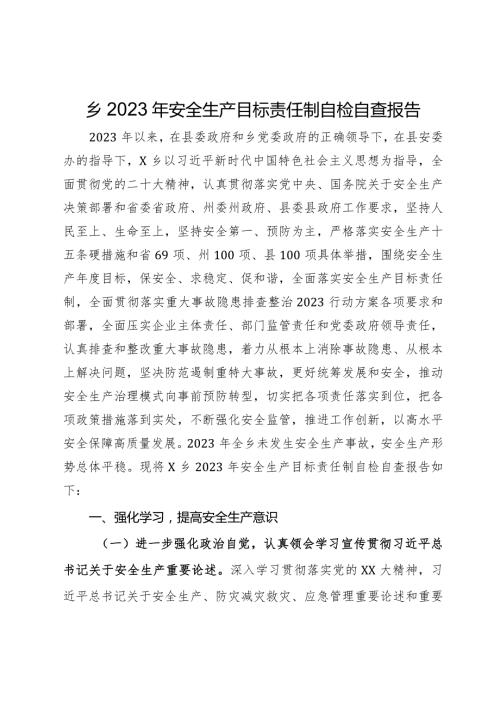乡2023年安全生产目标责任制自检自查报告(1).docx