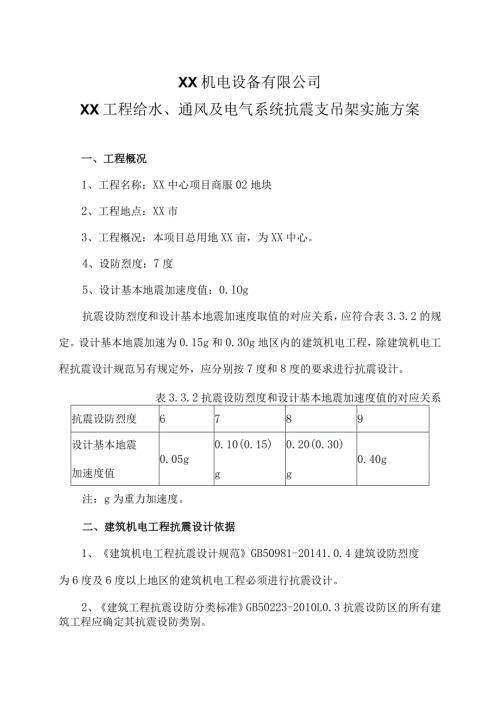XX工程给水、通风及电气系统抗震支吊架实施方案（2024年XX机电设备有限公司）.docx