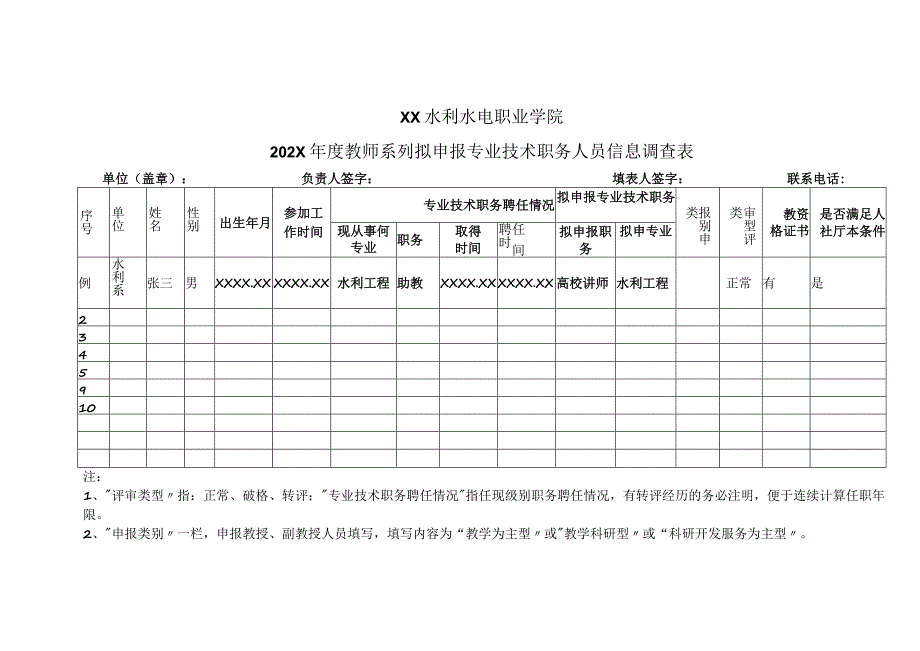 XX水利水电职业学院202X教师系列拟申报专业技术职务人员信息调查表（2024年）.docx_第1页