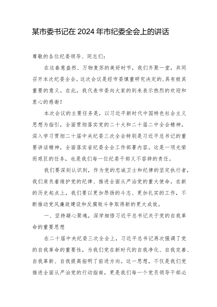某市委书记在2024年市纪委全会上的讲话.docx_第1页