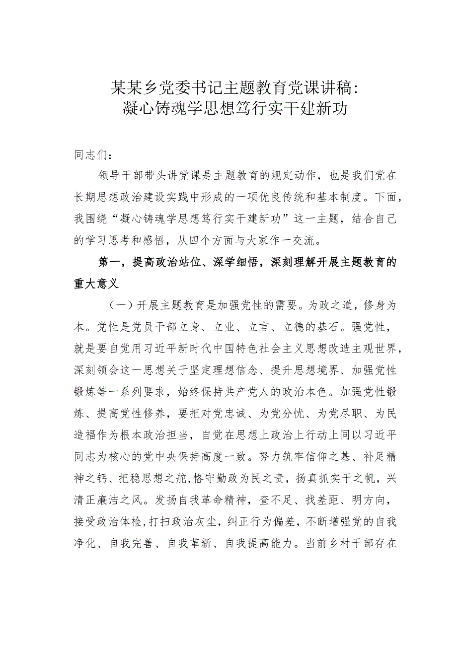 某某乡党委书记主题教育党课讲稿：凝心铸魂学思想笃行实干建新功(1).docx_第1页