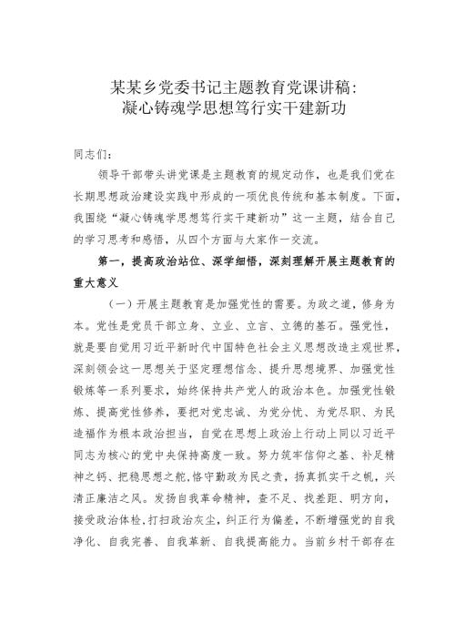 某某乡党委书记主题教育党课讲稿：凝心铸魂学思想笃行实干建新功(1).docx