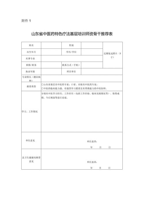 山东省中医药特色疗法基层培训师资骨干推荐表.docx