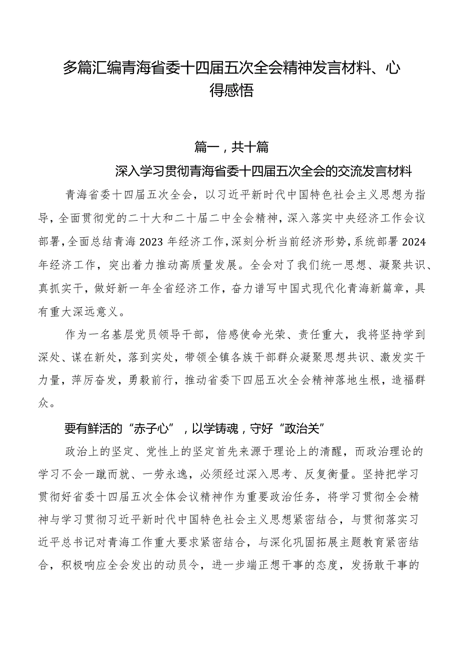 多篇汇编青海省委十四五次全会精神发言材料、心得感悟.docx_第1页
