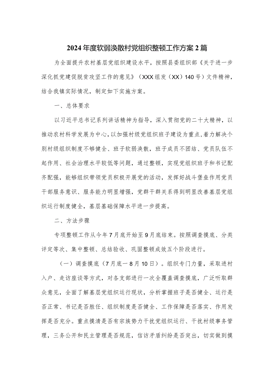 2024软弱涣散村党组织整顿工作方案2篇.docx_第1页