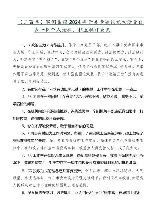 （二百条）实例集锦2024年开展专题组织生活会自我剖析个人检视、相互批评意见.docx