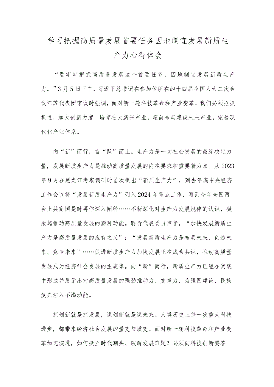 学习把握高质量发展首要任务因地制宜发展新质生产力心得体会.docx_第1页