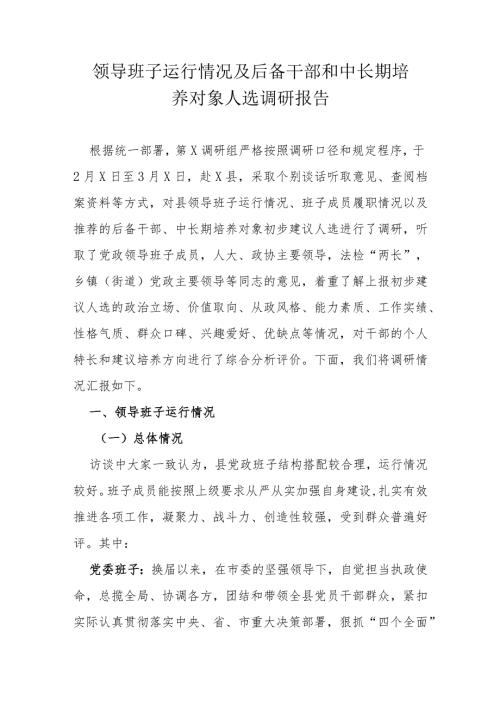 领导班子运行情况及后备干部和中长期培养对象人选调研报告(1).docx