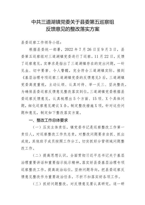 中共三道湖镇党委关于县委第五巡察组反馈意见的整改落实方案.docx