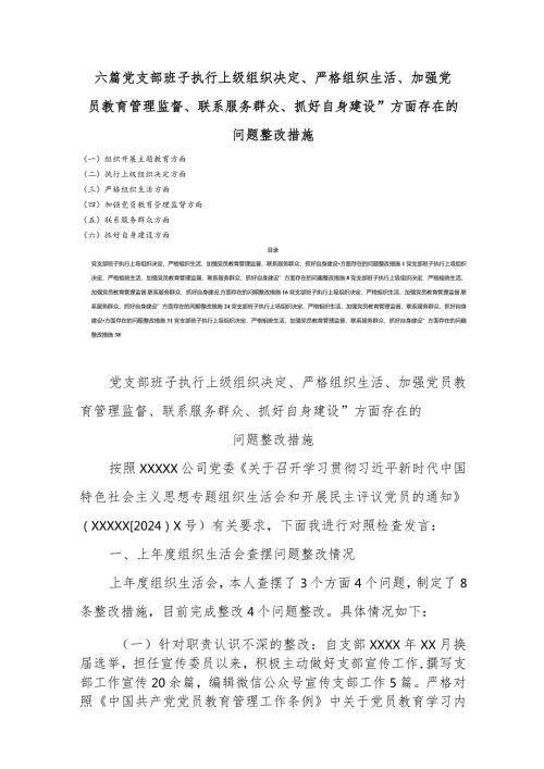 六篇党支部班子执行上级组织决定、严格组织生活、加强党员教育管理监督、联系服务群众、抓好自身建设”方面存在的问题整改措施.docx