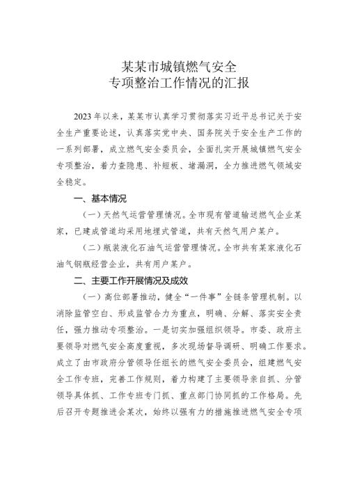 某某市城镇燃气安全专项整治工作情况的汇报.docx