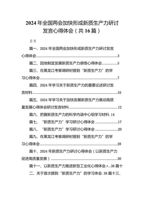 2024年全国两会加快形成新质生产力研讨发言心得体会（共16篇）.docx