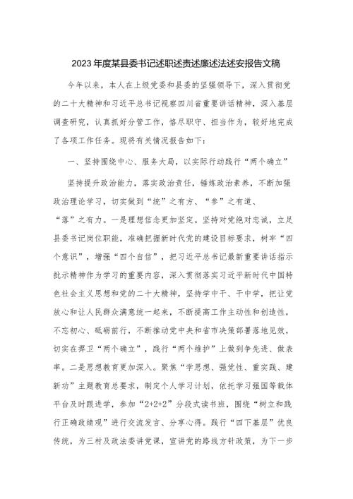 2023某县委书记述职述责述廉述法述安报告文稿.docx