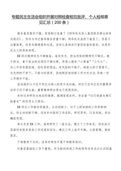 专题民主生活会组织开展对照检查相互批评、个人检视意见汇总（200条）.docx