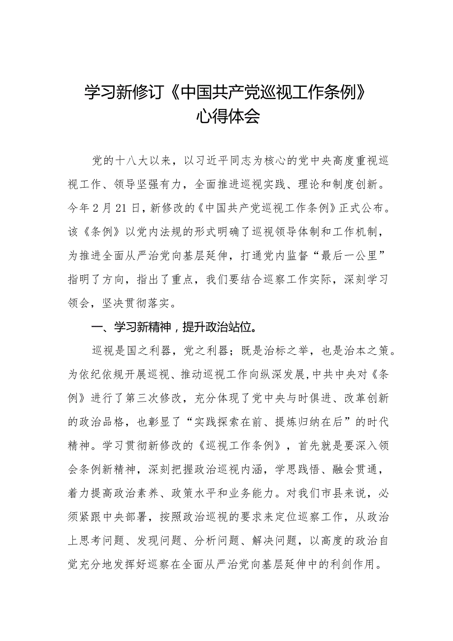 2024年新版《中国共产党巡视工作条例》学习心得体会五篇.docx_第1页