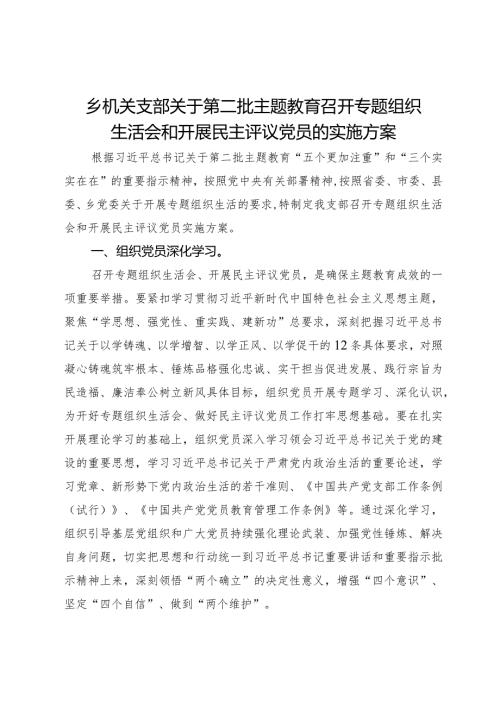 乡机关支部关于第二批主题教育召开专题组织生活会和开展民主评议党员的实施方案.docx