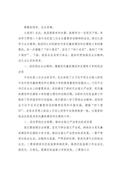 （3篇）学习贯彻二十中央纪委三次全会重要讲话精神心得体会发言.docx
