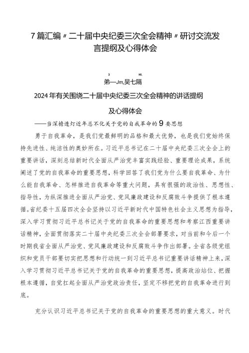 7篇汇编“二十中央纪委三次全会精神”研讨交流发言提纲及心得体会.docx