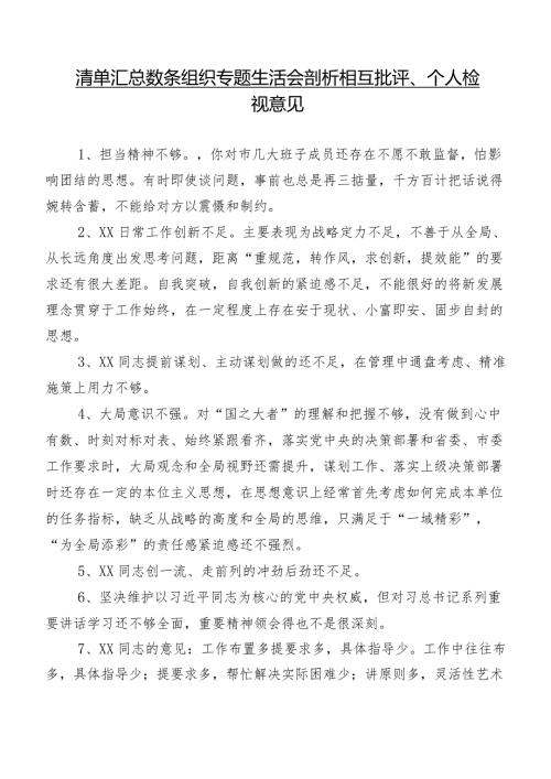 清单汇总数条组织专题生活会剖析相互批评、个人检视意见.docx