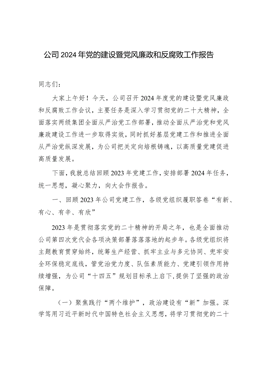国企公司20232024年党的建设暨党风廉政和反腐败工作总结报告和公司党委书记在党风廉政建设工作会上的讲话稿.docx_第2页