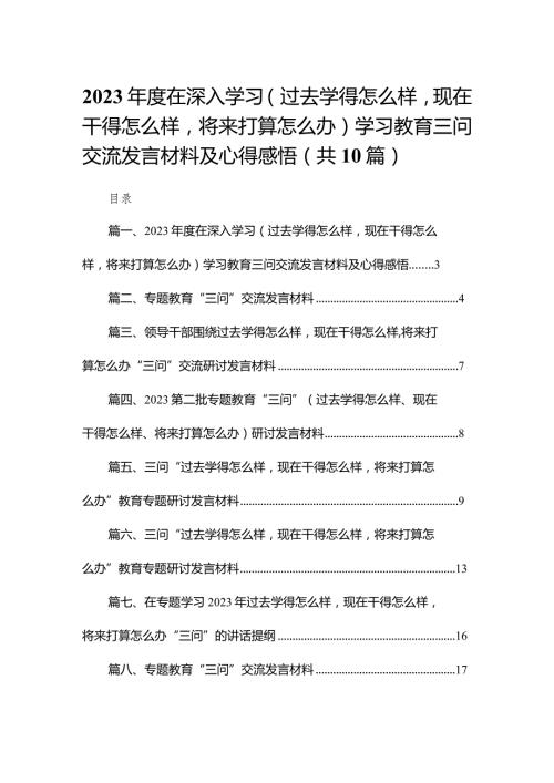 2023在深入学习（过去学得怎么样现在干得怎么样将来打算怎么办）学习教育三问交流发言材料及心得感悟（共10篇）.docx