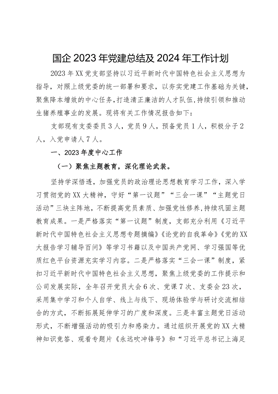 国企2023年党建总结及2024年工作计划.docx_第1页