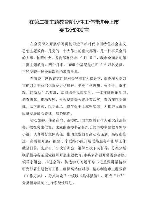 在第二批主题教育阶段性工作推进会上市委书记的发言.docx