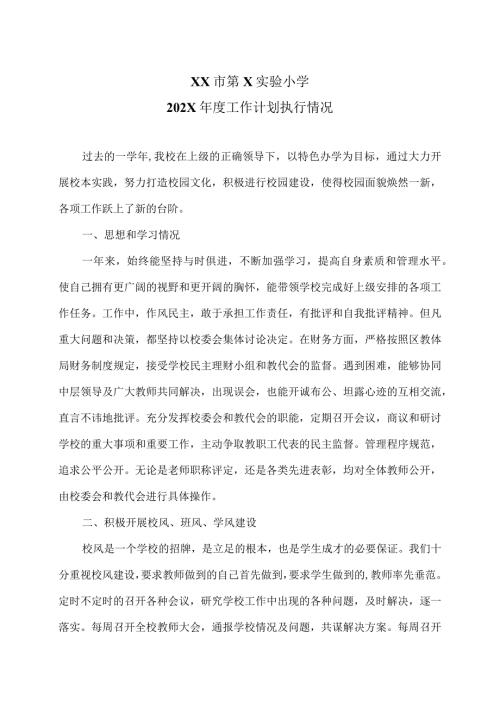 XX市第X实验小学202X工作计划执行情况（2024年）.docx