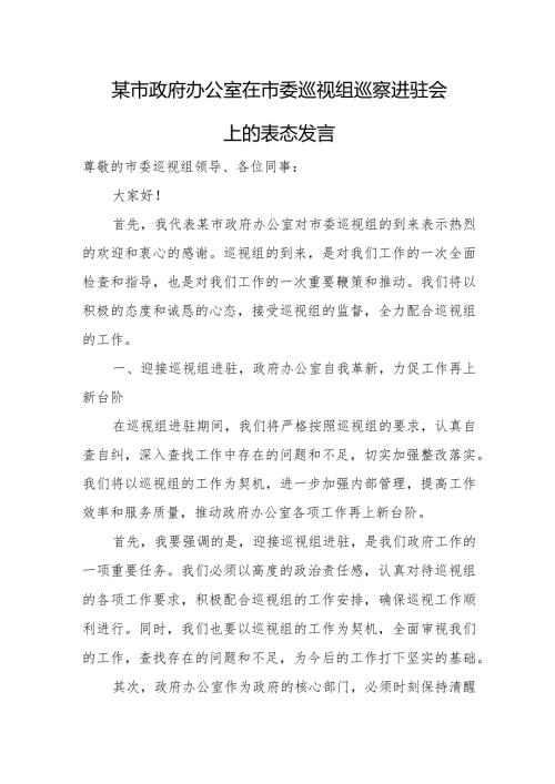 某市政府办公室在市委巡视组巡察进驻会上的表态发言.docx
