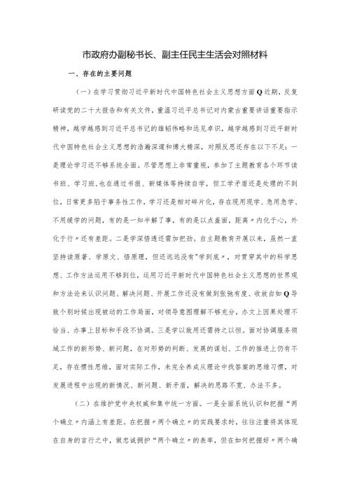 市政府办副秘书长、副主任民主生活会对照材料.docx