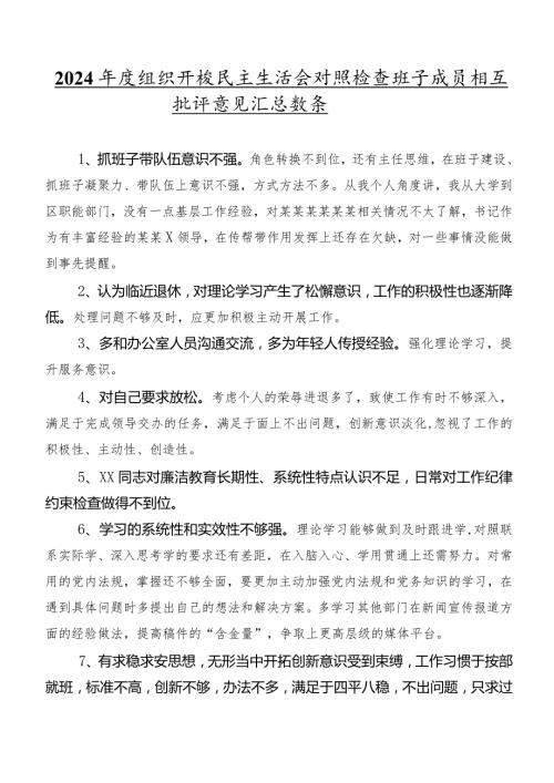 2024组织开展民主生活会对照检查班子成员相互批评意见汇总数条.docx