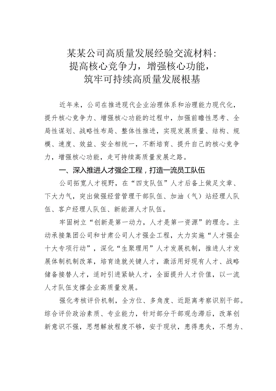 某某公司高质量发展经验交流材料：提高核心竞争力增强核心功能筑牢可持续高质量发展根基.docx_第1页