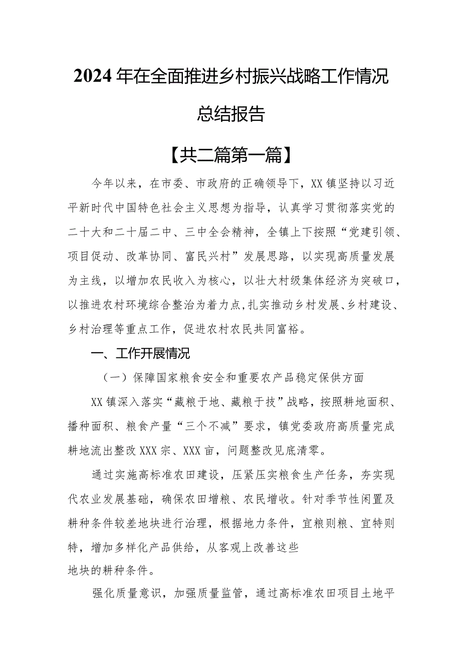 （2篇）2024年在全面推进乡村振兴战略工作情况总结报告.docx_第1页