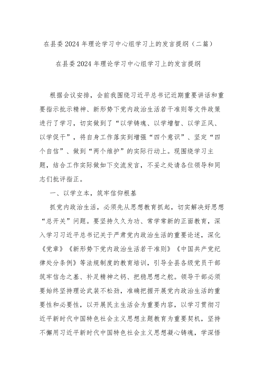 在县委2024年理论学习中心组学习上的发言提纲(二篇).docx_第1页