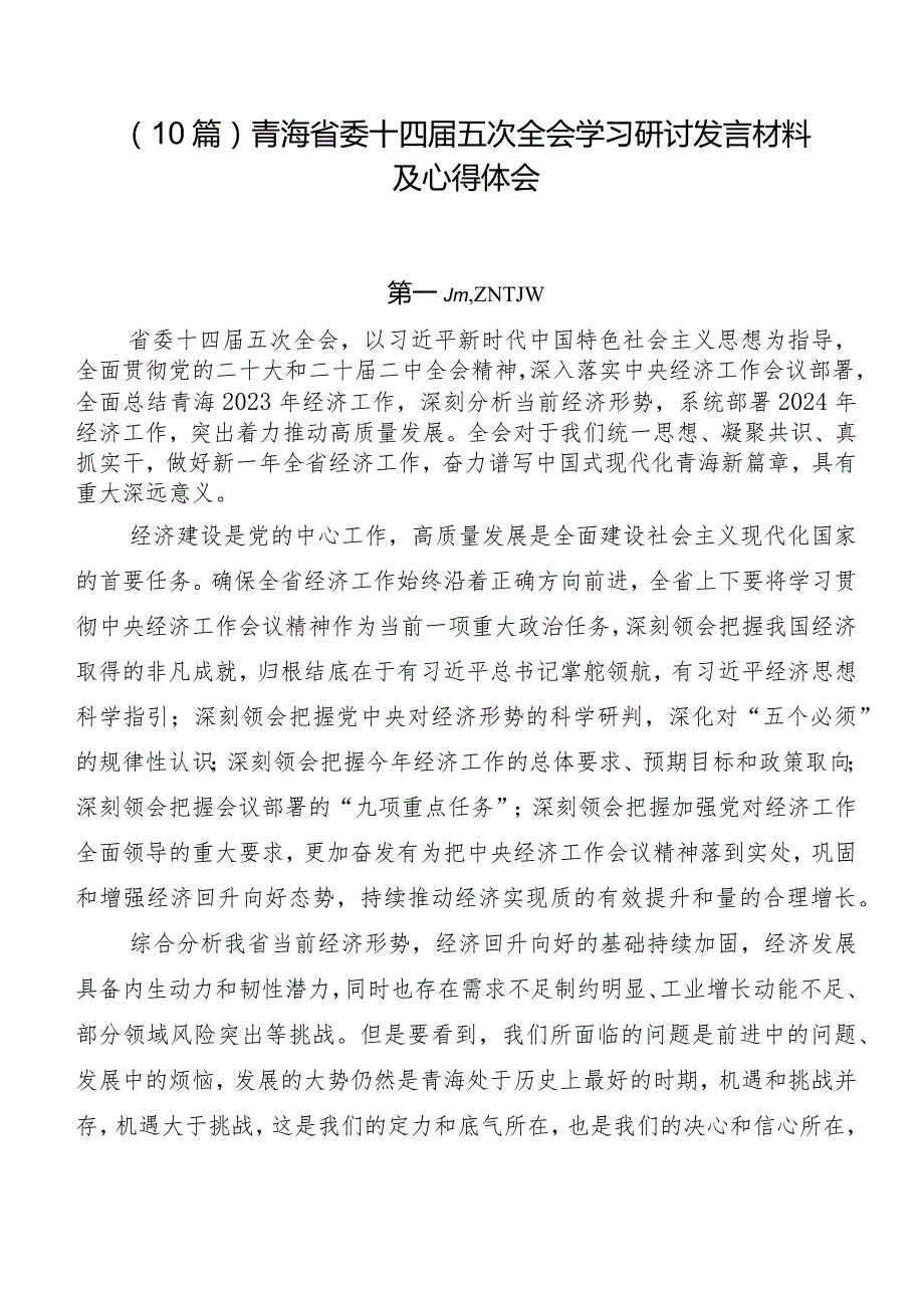 （10篇）青海省委十四五次全会学习研讨发言材料及心得体会.docx_第1页