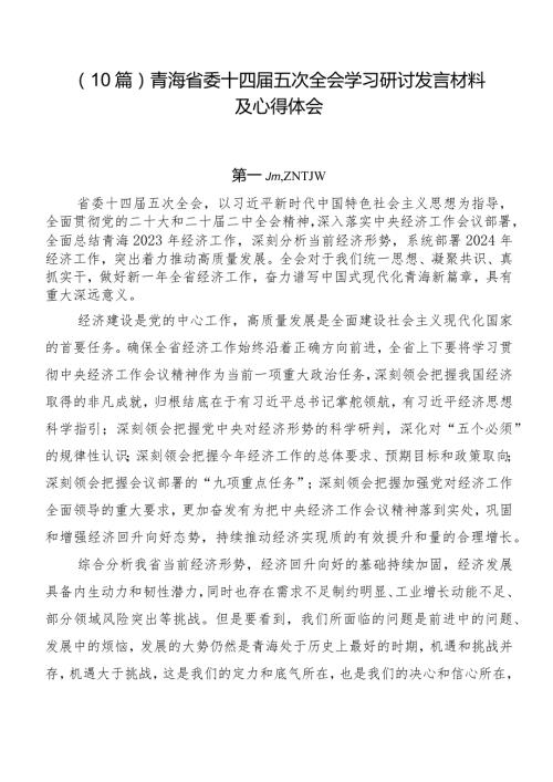 （10篇）青海省委十四五次全会学习研讨发言材料及心得体会.docx