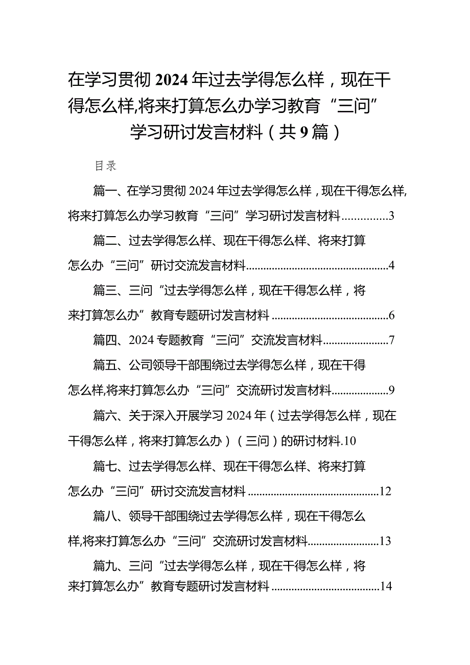 在学习贯彻2024年过去学得怎么样现在干得怎么样,将来打算怎么办学习教育“三问”学习研讨发言材料【9篇】.docx_第1页