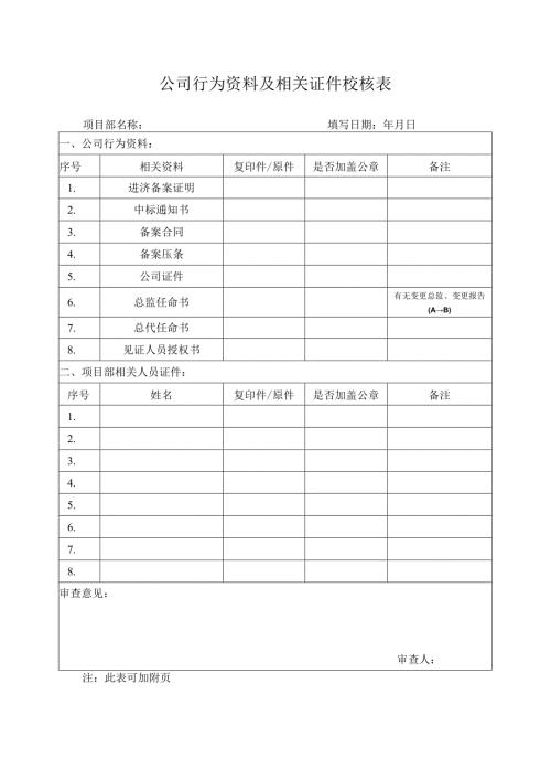 公司行为资料及相关证件校核表.docx